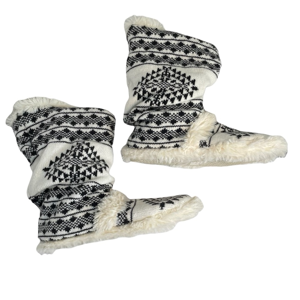 BLACK POPPY Slipper Shoes Nordic Knit Faux Fur Black and Ivory Small